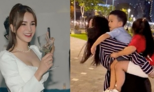 Diệp Lâm Anh cõng 2 con trên lưng bất chấp mang giày cao gót