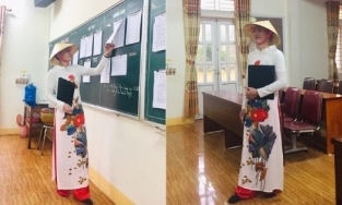 Thương học trò, thầy giáo già ở Nghệ An mặc áo dài đội nón lá lên bục giảng để mang giải về cho lớp