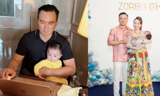 Ông bố U50 Chi Bảo vừa làm việc vừa ẵm con cho vợ trẻ đi làm đẹp