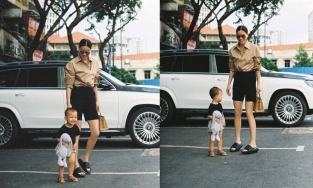 Hồ Ngọc Hà đưa con trai đi làm nhưng Leon đã bị cặp chân của mẹ làm lu mờ