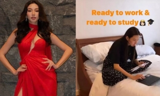 Thùy Tiên đi công tác Thái Lan vẫn mang bài vở miệt mài đèn sách đêm khuya