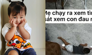 Con trai ngã nhào trên ghế xuống đất, Hòa Minzy đứng khoanh tay cười