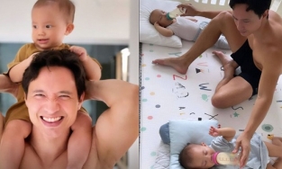 'Ông bố bỉm sữa' Kim Lý một mình chăm cả hai con, 2 tay 2 bình sữa