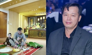 Shark Việt ngồi bệt gói bánh chưng cùng cháu, để lộ phòng thờ to lớn như chính điện