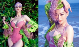 Phương Oanh tiếp tục 'chiêu đãi' fan bằng bộ ảnh bikini hồng rực giữa biển