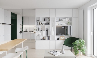 Căn hộ 28m² thu hút ánh nhìn với màu xanh lá nổi bật giữa sắc trắng chủ đạo