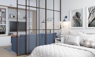 Căn hộ 58m² với phòng khách và phòng ngủ phân vùng bằng cửa trượt đẹp mắt