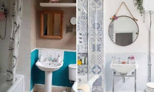 Phòng tắm nhẹ nhàng với sắc xanh lam nhạt và gạch ốp tường xinh xắn sau cải tạo