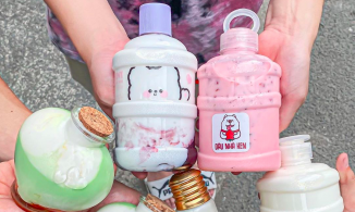 Độc đáo sữa dâu, sữa trái cây hình bình sữa, bình nước ở quận 10, Sài Gòn