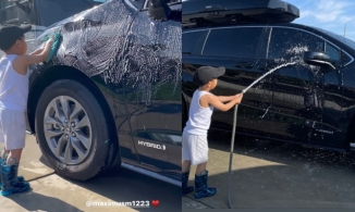 Có bố là triệu phú, con trai 4 tuổi của Phạm Hương vẫn phải đi rửa xe hơi cho mẹ