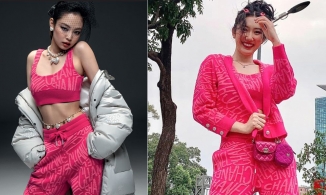 Đụng hàng set đồ màu hồng mười giờ với Jennie (BLACKPINK), Thúy Ngân trông giống như đang đi chợ