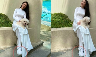 Hiền Thục diện áo dài trắng nền nã nhưng nhìn xuống đôi giày lại sai sai