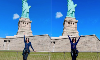 Lệ Quyên diện áo xuyên thấu, nhún nhảy phấn khích khi đến check-in tượng nữ thần tự do