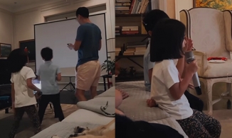 Tăng Thanh Hà nằm dài trên sofa được chồng và hai con phục vụ văn nghệ tại gia