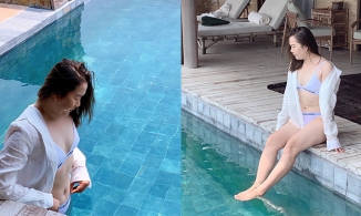 Thúy Kiều - giúp việc nhà Ngọc Trinh - diện bikini khoe ngực đầy, đùi thon ở hồ bơi