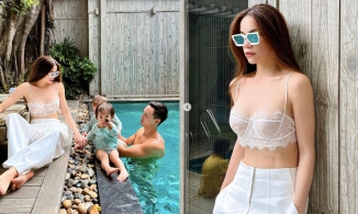 Hồ Ngọc Hà ăn mặc 'mát mẻ' bên hồ bơi nhân kỷ niệm 5 năm yêu Kim Lý