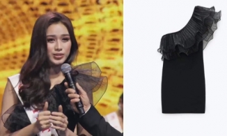 Đỗ Thị Hà mặc váy 525 ngàn đồng đi mượn của Miss Puerto Rico lúc được xướng tên vào Top 13