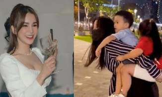 Diệp Lâm Anh cõng 2 con trên lưng bất chấp mang giày cao gót