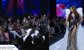 Miss Grand Thuỳ Tiên bị vấp ngã khi làm vedette tại show của NTK Hoàng Hải 