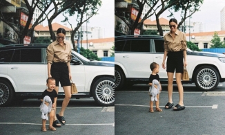 Hồ Ngọc Hà đưa con trai đi làm nhưng Leon đã bị cặp chân của mẹ làm lu mờ