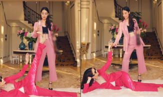 Ngọc Trinh khoe chân dài trứ danh với màn bắt trend đỡ ly nước