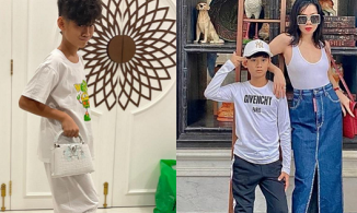 Con trai Lệ Quyên đi giày cao gót, xách túi tiền tỷ của mẹ làm dáng