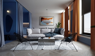 Căn hộ của quý cô độc thân với gam xanh lam yên tĩnh và cam nóng bỏng