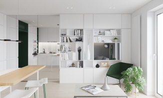 Căn hộ 28m² thu hút ánh nhìn với màu xanh lá nổi bật giữa sắc trắng chủ đạo