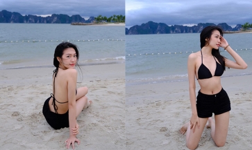 Bạn gái Đoàn Văn Hậu diện áo tắm, khoe eo 55 cm trên bãi biển