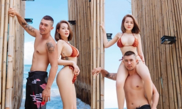 Ngân 98 diện bikini bé xíu leo lên cổ Lương Bằng Quang ngồi