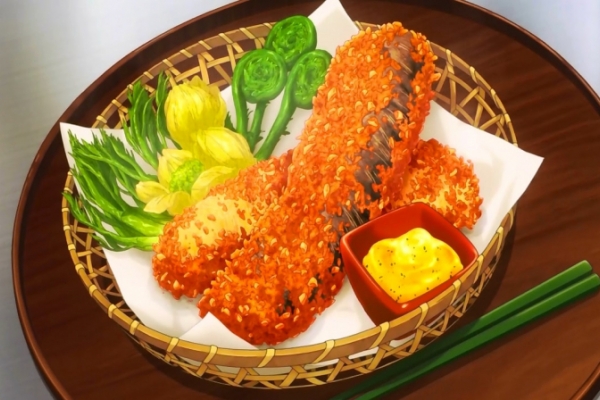 Okakiage cá hồi sử dụng phần bột chiên giòn là hạt Kaki xay nhuyễn.