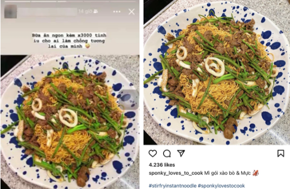 Món mì gói xào bò của A.N thì xuất hiện trên Instagram của Hà Tăng từ ngày 28/5.