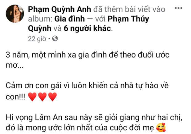 Bài đăng của Phạm Quỳnh Anh về cháu gái của mình.