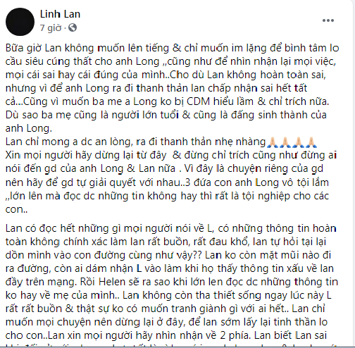 Linh Lan - vợ cố ca sĩ Vân Quang Long chính thức lên tiếng sau những bài 'tố cáo' từ bạn bè của chồng.