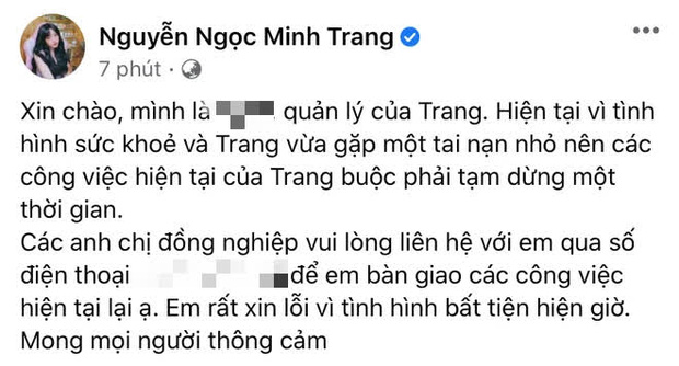 Quản lý thông báo Lương Minh Trang vừa gặp phải tai nạn nhỏ, tạm ngưng hoạt động trong một thời gian.