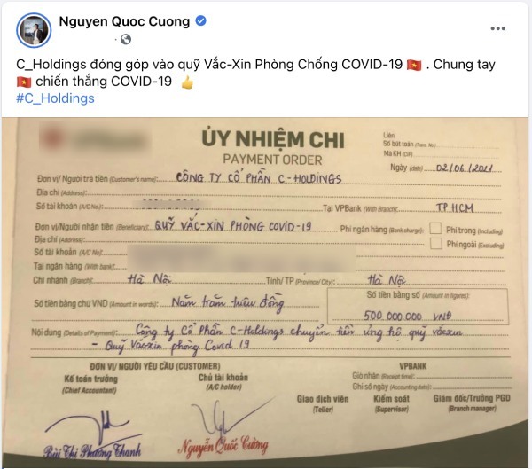 Cường Đô La ủng hộ 500 triệu cho quỹ vaccine phòng chống dịch Covid-19 - Ảnh 1