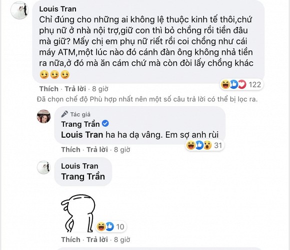 Ông xã Trang Trần nhanh chóng có phản hồi nhẹ nhàng với quan điểm của vợ.