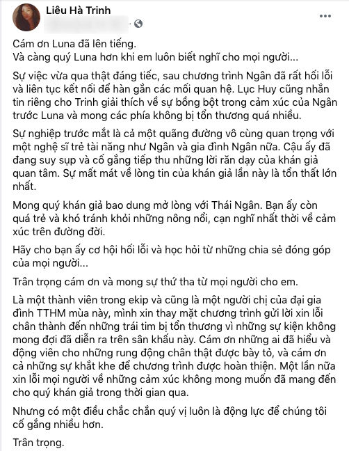 MC Liêu Hà Trinh lên tiếng, mong cư dân mạng 'tha' cho Phạm Đình Thái Ngân - Ảnh 2