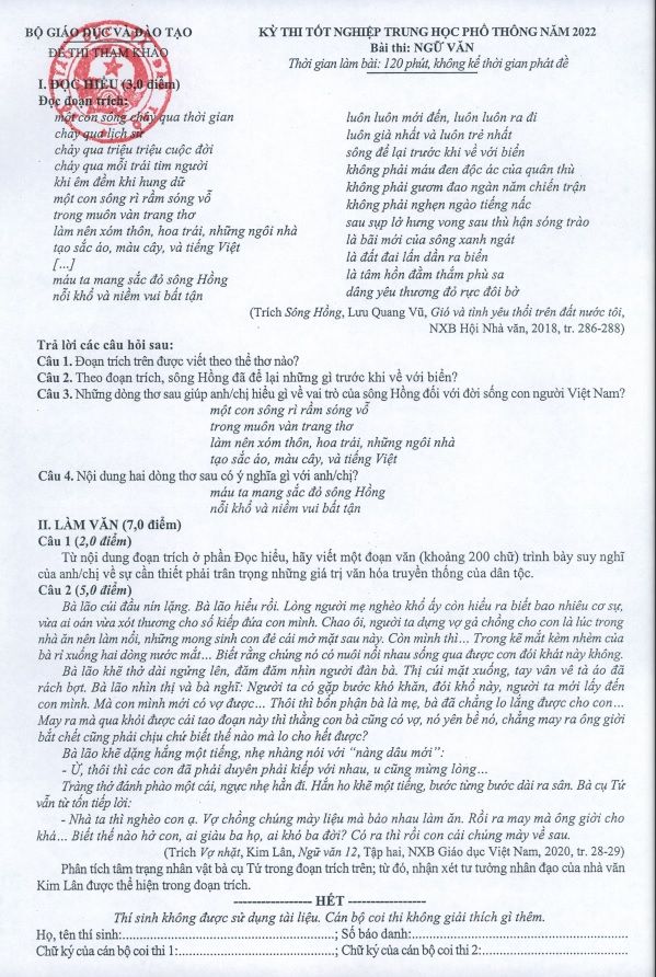 Đề thi THPT Quốc gia năm 2022 môn Ngữ văn chính thức - Ảnh 1
