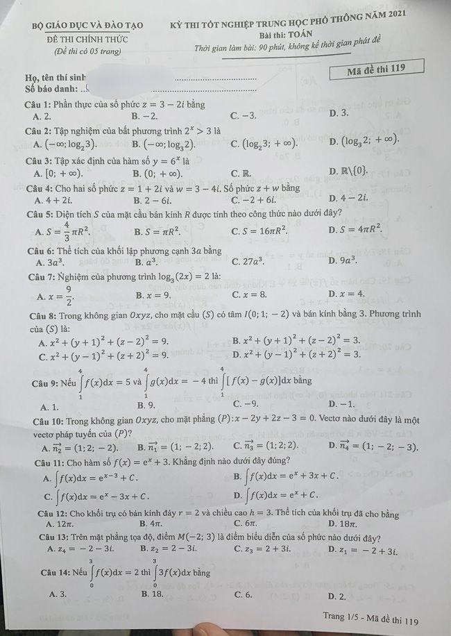 Đề thi môn Toán THPT Quốc gia năm 2022 chính thức tất cả các mã đề (đang cập nhật) - Ảnh 1