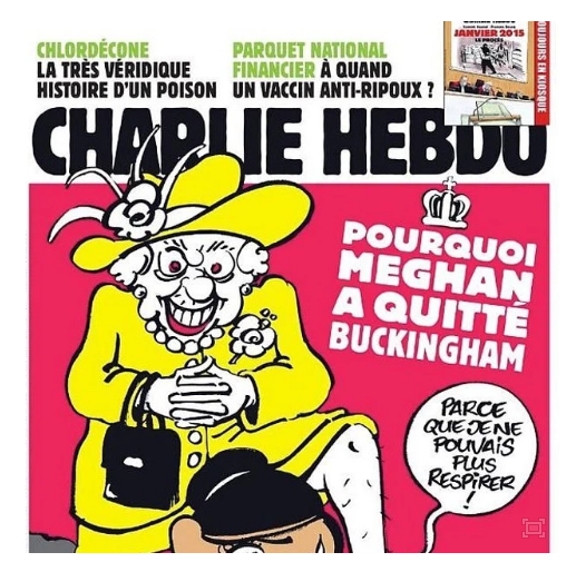 Tạp chí biếm họa Pháp gây phẫn nộ với hình vẽ Nữ hoàng Anh 'kẹp cổ' Meghan - Ảnh 1