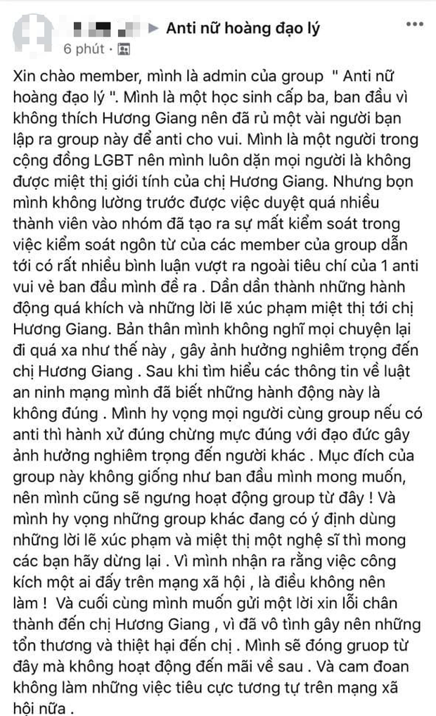 Học sinh cấp 3 lập nhóm anti Hương Giang chính thức lên tiếng xin lỗi - Ảnh 3