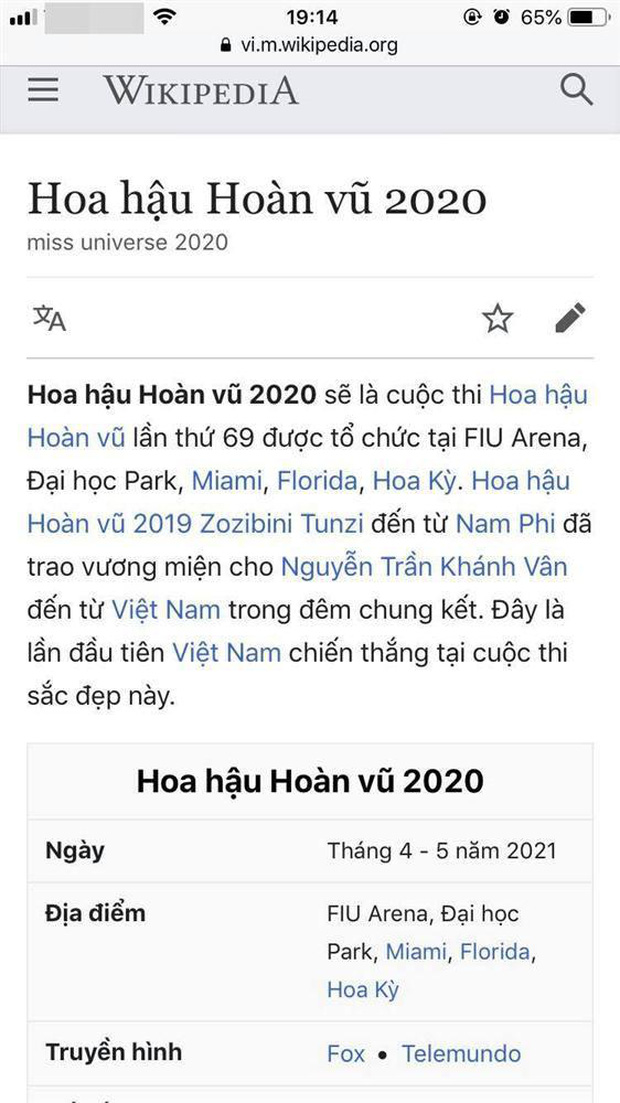 Khánh Vân bất ngờ trở thành tân Hoa hậu hoàn vũ 2020 trên Wikipedia - Ảnh 1