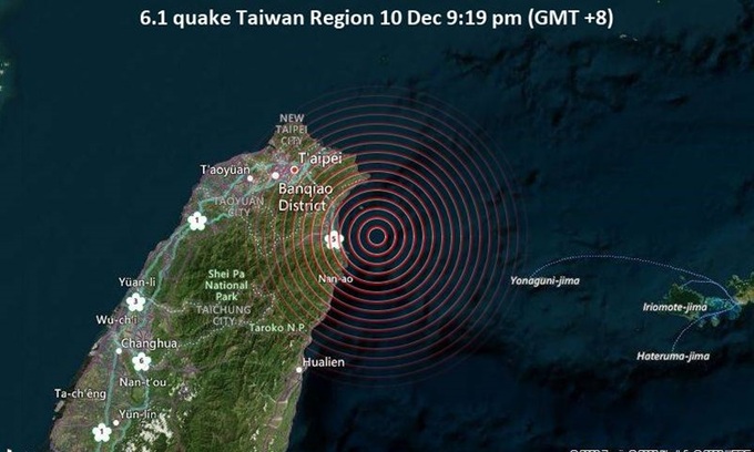 Vị trí xảy ra động đất ngoài khơi thành phố Nghi Lan, Đài Loan tối nay. Đồ họa: Volcano Discovery