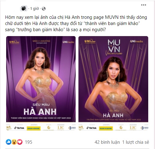 Nhiều người phát hiện Miss Universe Việt Nam đã thay đổi vai trò của siêu mẫu Hà Anh trong thành viên ban giám khảo.