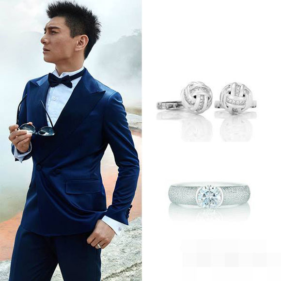 Trong bộ ảnh cưới, Ngô Kỳ Long diện bộ vest của hiệu Lanvin, đeo nhẫn kim cương của dòng Brio hãng DE BEERs,