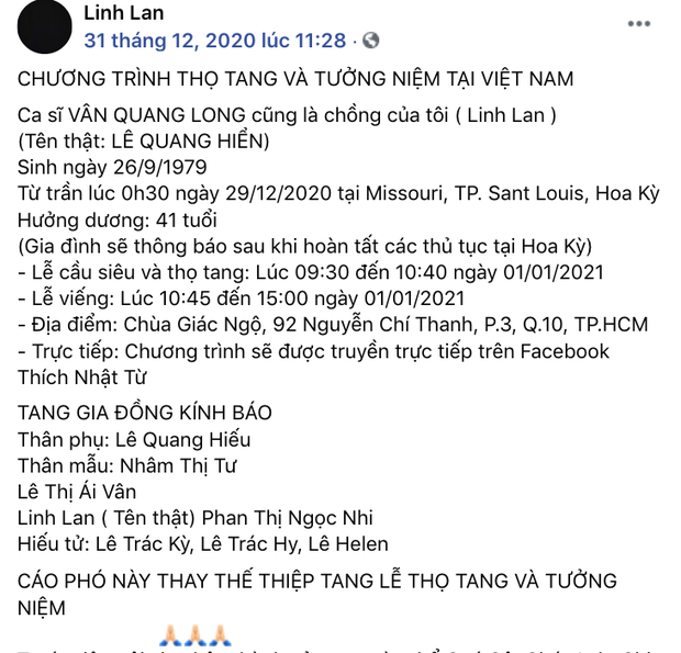 Vợ Vân Quang Long có động thái đầu tiên sau ồn ào đòi tiền phúng viếng - Ảnh 1