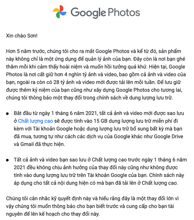 Đoạn email mà Google Photos gửi đến cho người dùng