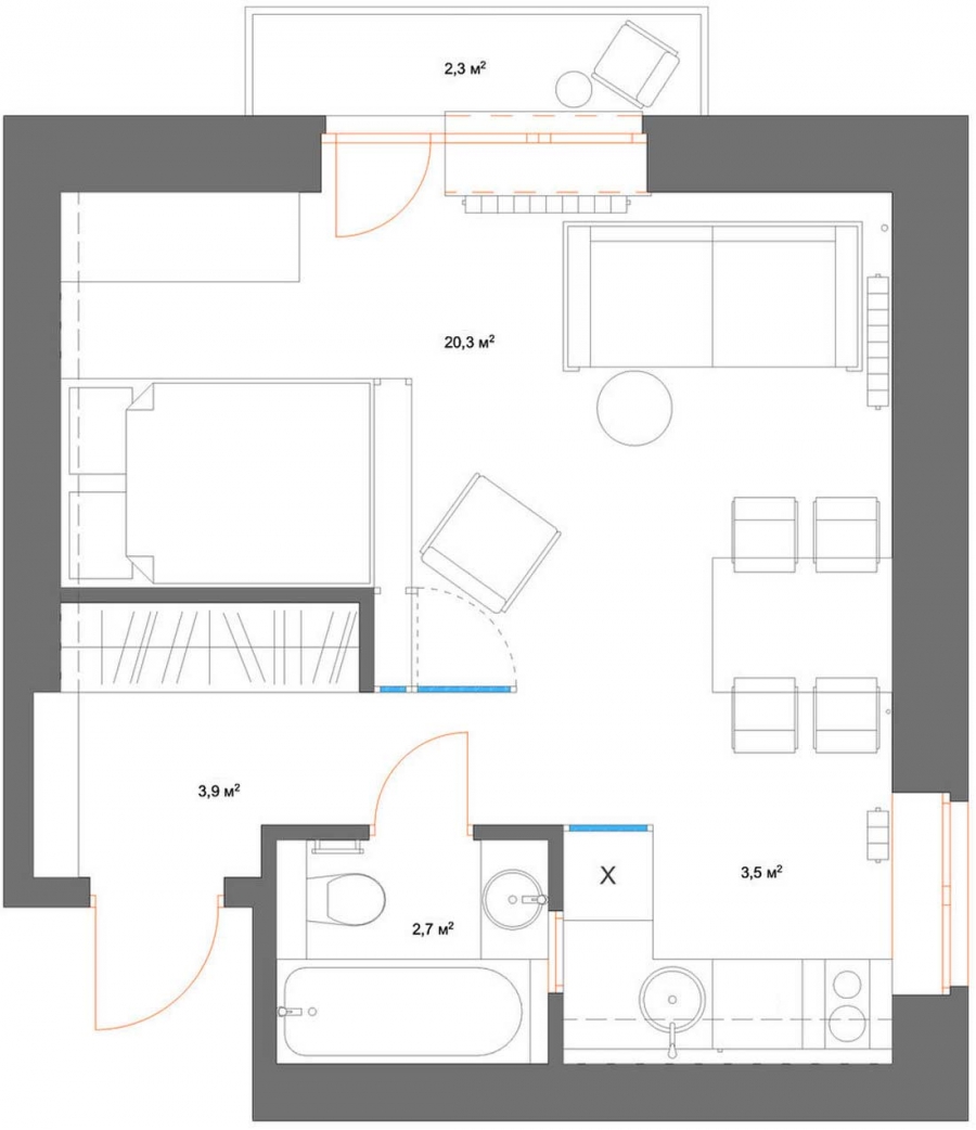 Sơ đồ bố trí nội thất căn hộ 33m² sau cải tạo do NTK nội thất cung cấp.