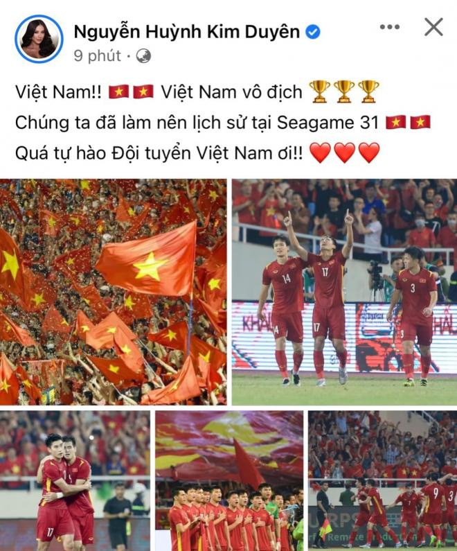 Á hậu Kim Duyên cũng nhanh chóng đăng đàn chúc mừng cho chiến thắng của đội tuyển Việt Nam.